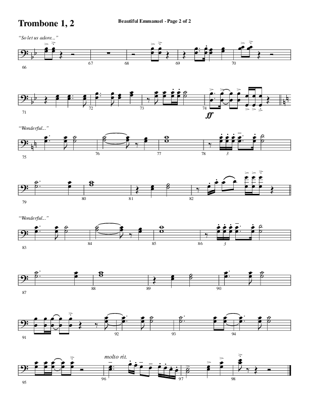 Beautiful Emmanuel (Choral Anthem SATB) Trombone 1/2 (Word Music Choral / Arr. Russell Mauldin)