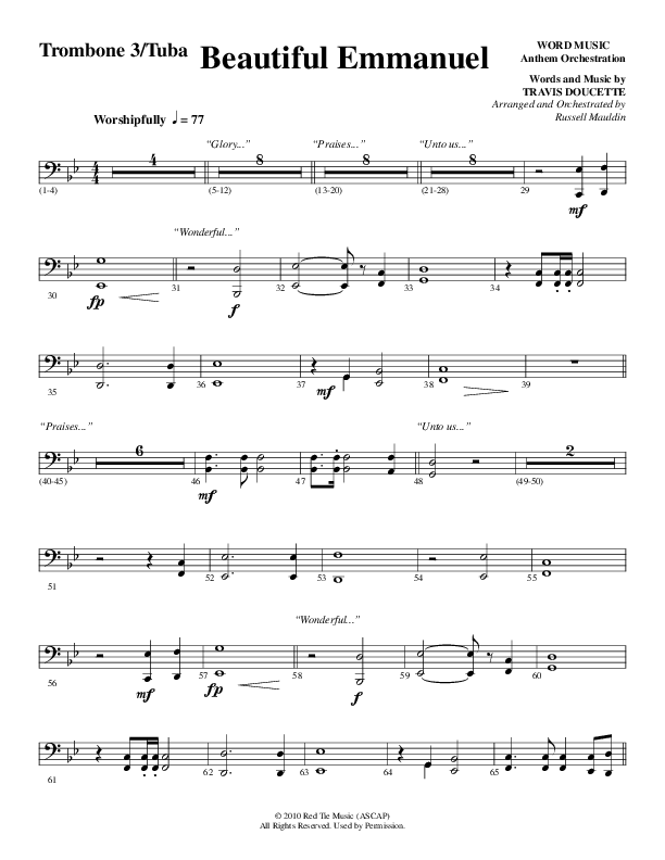 Beautiful Emmanuel (Choral Anthem SATB) Trombone 3/Tuba (Word Music Choral / Arr. Russell Mauldin)