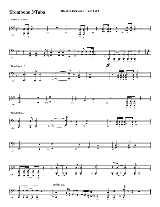 Beautiful Emmanuel (Choral Anthem SATB) Trombone 3/Tuba (Word Music Choral / Arr. Russell Mauldin)