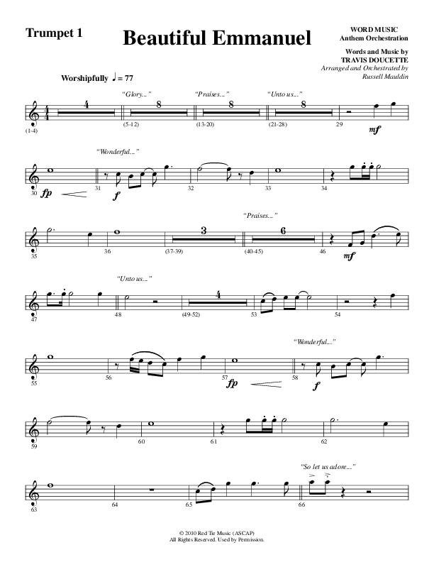 Beautiful Emmanuel (Choral Anthem SATB) Trumpet 1 (Word Music Choral / Arr. Russell Mauldin)