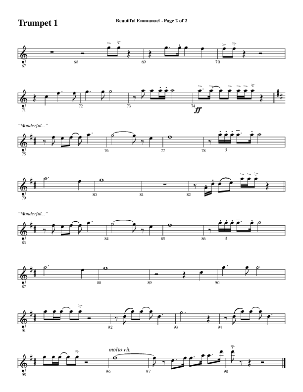 Beautiful Emmanuel (Choral Anthem SATB) Trumpet 1 (Word Music Choral / Arr. Russell Mauldin)