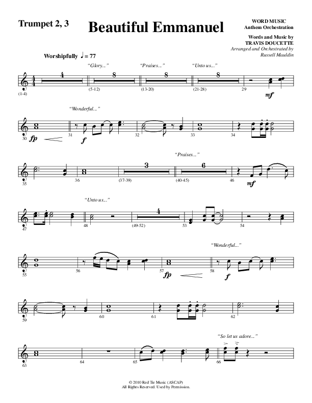 Beautiful Emmanuel (Choral Anthem SATB) Trumpet 2/3 (Word Music Choral / Arr. Russell Mauldin)
