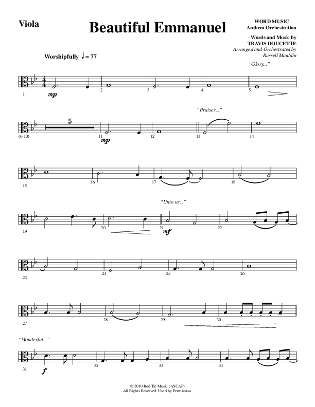 Beautiful Emmanuel (Choral Anthem SATB) Viola (Word Music Choral / Arr. Russell Mauldin)