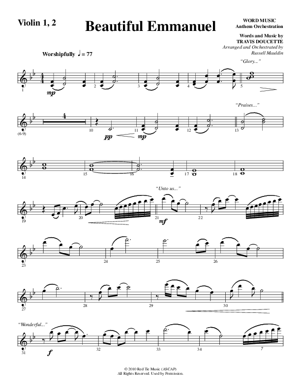 Beautiful Emmanuel (Choral Anthem SATB) Violin 1/2 (Word Music Choral / Arr. Russell Mauldin)