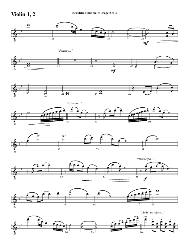 Beautiful Emmanuel (Choral Anthem SATB) Violin 1/2 (Word Music Choral / Arr. Russell Mauldin)