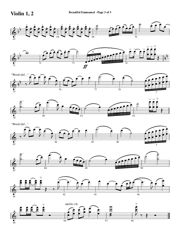 Beautiful Emmanuel (Choral Anthem SATB) Violin 1/2 (Word Music Choral / Arr. Russell Mauldin)
