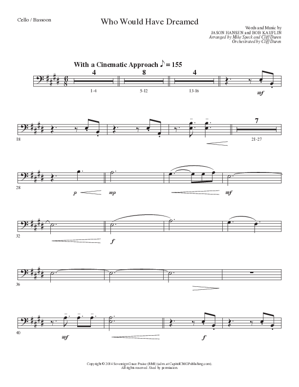 Who Would Have Dreamed (Choral Anthem SATB) Cello (Lillenas Choral / Arr. Cliff Duren / Arr. Mike Speck)