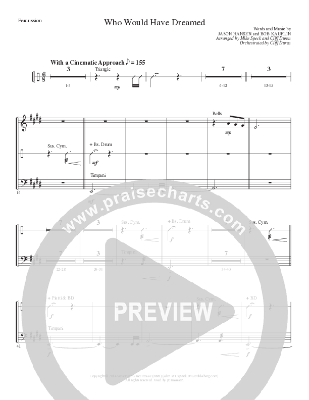 Who Would Have Dreamed (Choral Anthem SATB) Percussion (Lillenas Choral / Arr. Cliff Duren / Arr. Mike Speck)