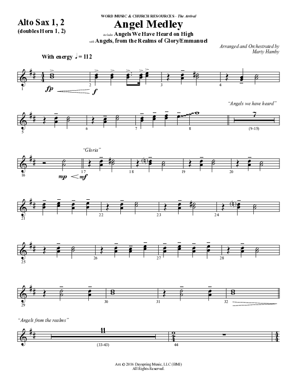 Angel Medley (Choral Anthem SATB) Alto Sax 1/2 (Word Music Choral / Arr. Marty Hamby)