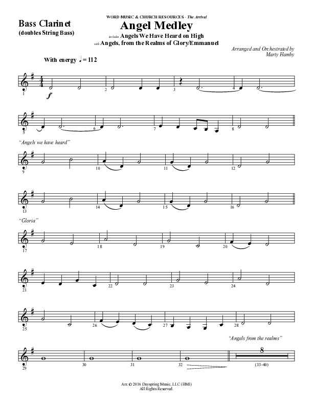 Angel Medley (Choral Anthem SATB) Bass Clarinet (Word Music Choral / Arr. Marty Hamby)