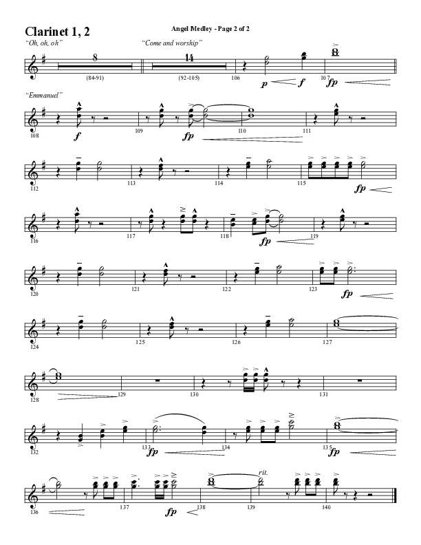 Angel Medley (Choral Anthem SATB) Clarinet 1/2 (Word Music Choral / Arr. Marty Hamby)