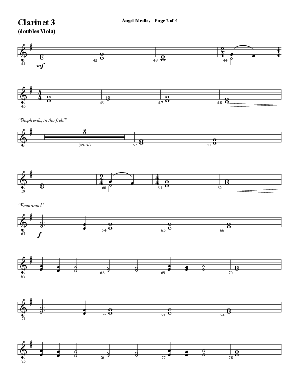 Angel Medley (Choral Anthem SATB) Clarinet 3 (Word Music Choral / Arr. Marty Hamby)