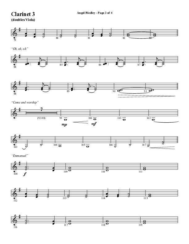 Angel Medley (Choral Anthem SATB) Clarinet 3 (Word Music Choral / Arr. Marty Hamby)