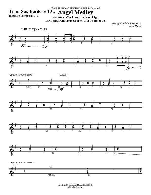 Angel Medley (Choral Anthem SATB) Tenor Sax/Baritone T.C. (Word Music Choral / Arr. Marty Hamby)