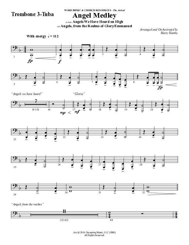 Angel Medley (Choral Anthem SATB) Trombone 3/Tuba (Word Music Choral / Arr. Marty Hamby)