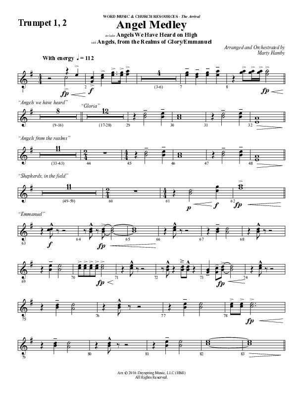 Angel Medley (Choral Anthem SATB) Trumpet 1,2 (Word Music Choral / Arr. Marty Hamby)