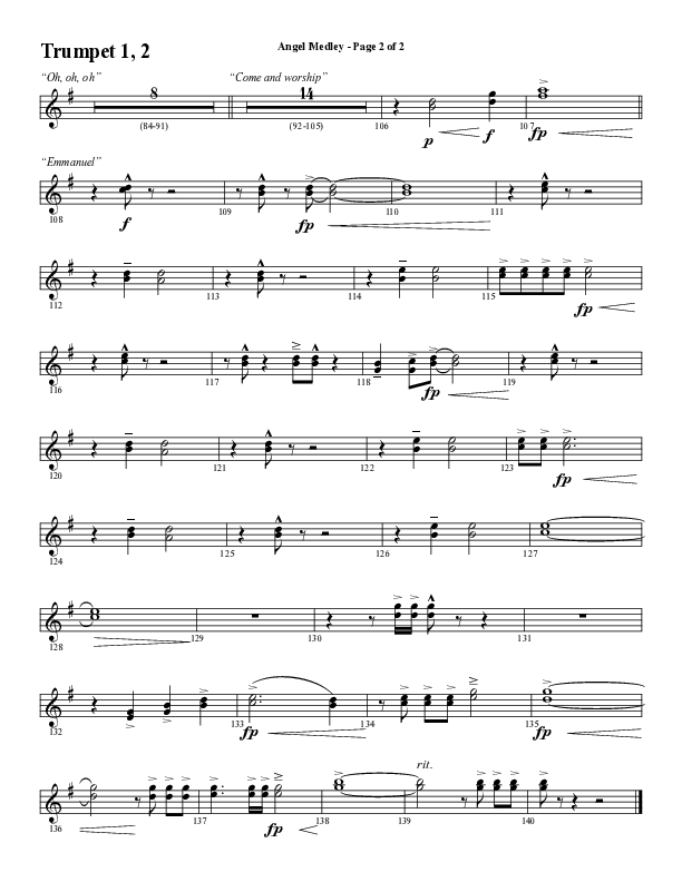 Angel Medley (Choral Anthem SATB) Trumpet 1,2 (Word Music Choral / Arr. Marty Hamby)