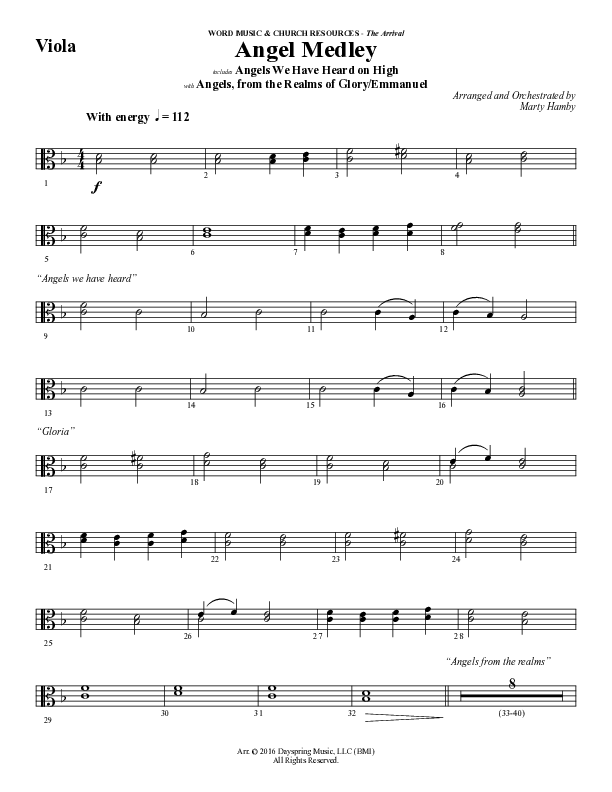 Angel Medley (Choral Anthem SATB) Viola (Word Music Choral / Arr. Marty Hamby)