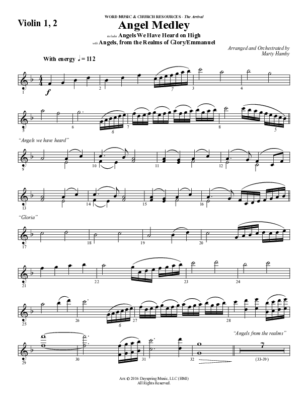 Angel Medley (Choral Anthem SATB) Violin 1/2 (Word Music Choral / Arr. Marty Hamby)