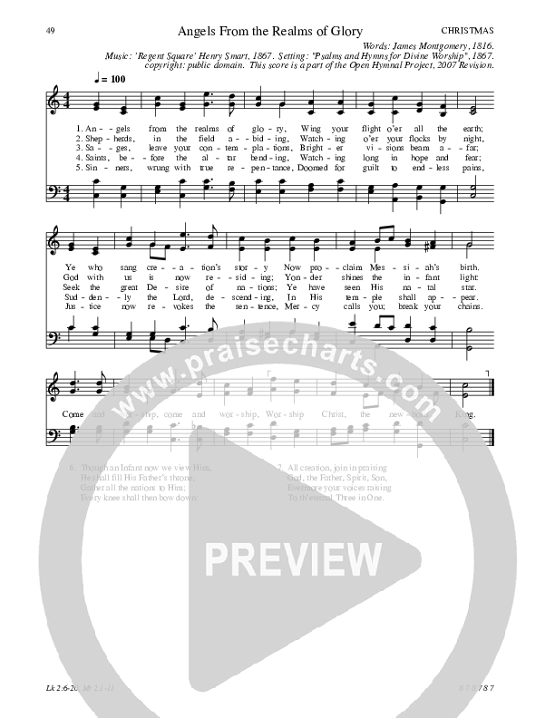 Angels From the Realms of Glory Hymn Sheet (SATB) (Traditional Hymn)