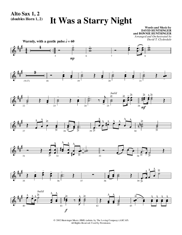 It Was A Starry Night (Choral Anthem SATB) Alto Sax 1/2 (Word Music Choral / Arr. David Clydesdale)