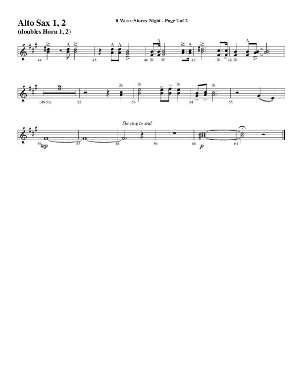 It Was A Starry Night (Choral Anthem SATB) Alto Sax 1/2 (Word Music Choral / Arr. David Clydesdale)