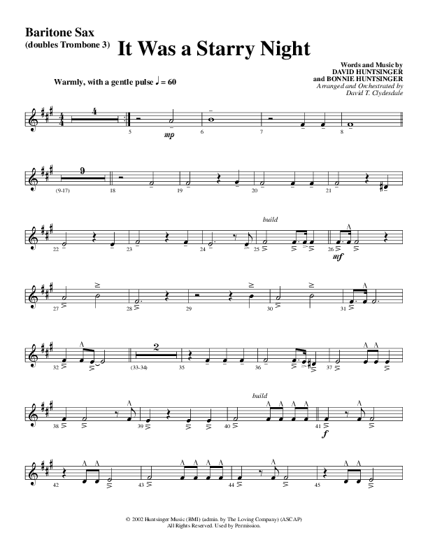 It Was A Starry Night (Choral Anthem SATB) Bari Sax (Word Music Choral / Arr. David Clydesdale)