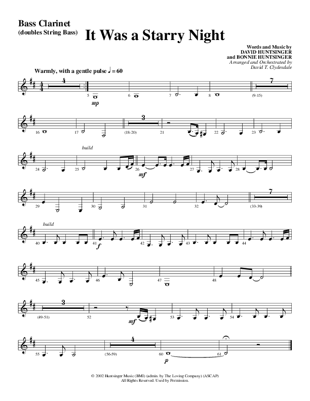 It Was A Starry Night (Choral Anthem SATB) Bass Clarinet (Word Music Choral / Arr. David Clydesdale)