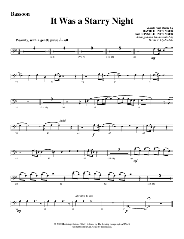 It Was A Starry Night (Choral Anthem SATB) Bassoon (Word Music Choral / Arr. David Clydesdale)