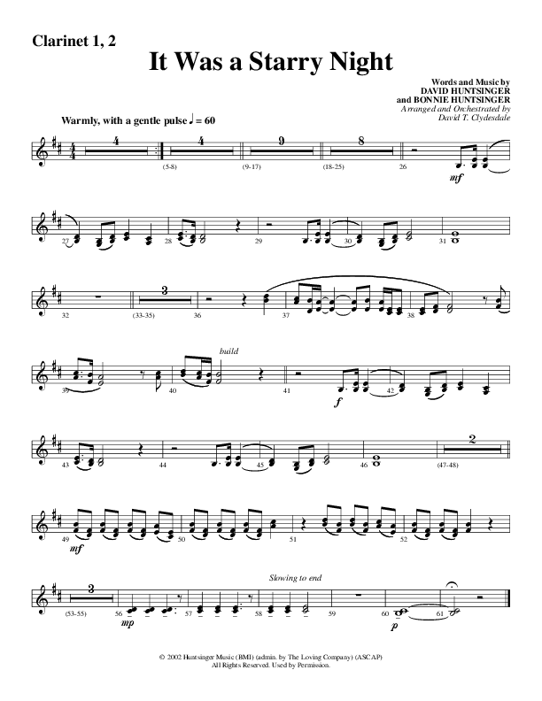 It Was A Starry Night (Choral Anthem SATB) Clarinet 1/2 (Word Music Choral / Arr. David Clydesdale)
