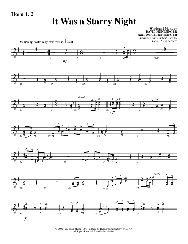 It Was A Starry Night (Choral Anthem SATB) French Horn 1/2 (Word Music Choral / Arr. David Clydesdale)