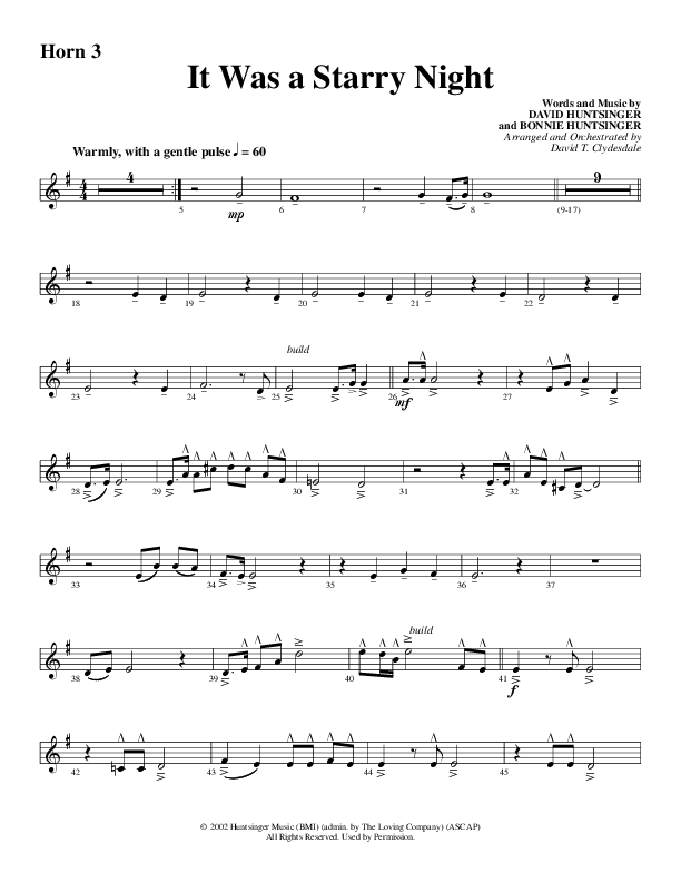 It Was A Starry Night (Choral Anthem SATB) French Horn 3 (Word Music Choral / Arr. David Clydesdale)
