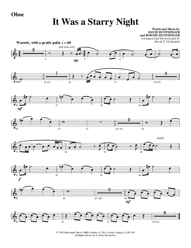 It Was A Starry Night (Choral Anthem SATB) Oboe (Word Music Choral / Arr. David Clydesdale)