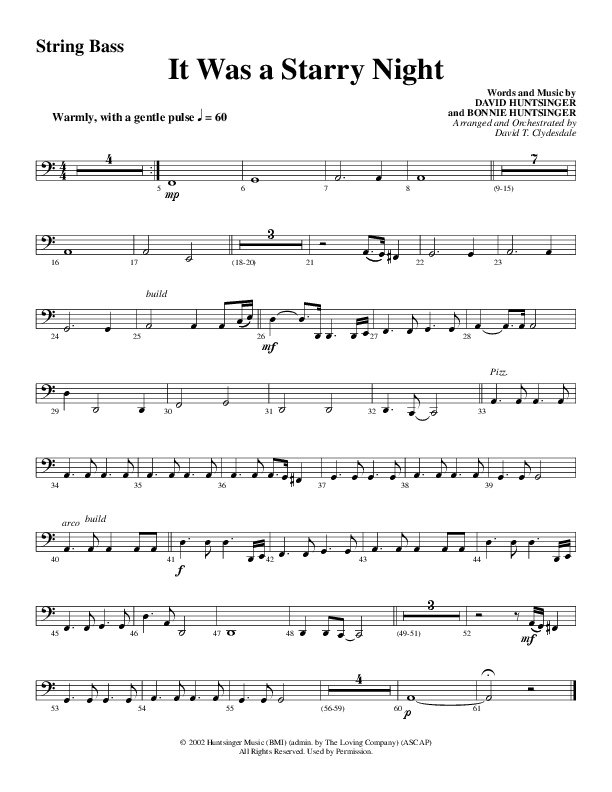 It Was A Starry Night (Choral Anthem SATB) String Bass (Word Music Choral / Arr. David Clydesdale)