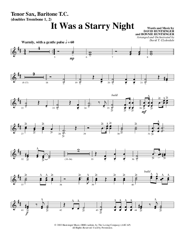 It Was A Starry Night (Choral Anthem SATB) Tenor Sax/Baritone T.C. (Word Music Choral / Arr. David Clydesdale)