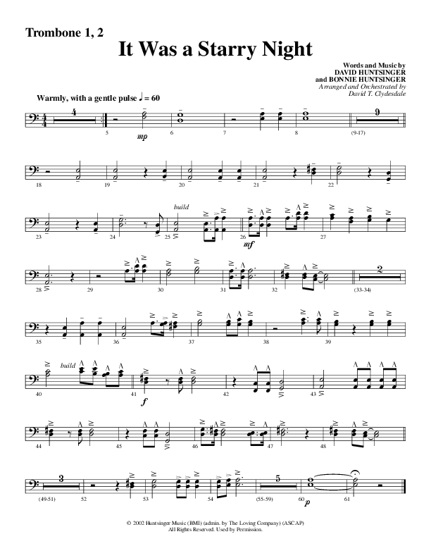 It Was A Starry Night (Choral Anthem SATB) Trombone 1/2 (Word Music Choral / Arr. David Clydesdale)