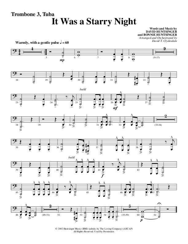 It Was A Starry Night (Choral Anthem SATB) Trombone 3/Tuba (Word Music Choral / Arr. David Clydesdale)
