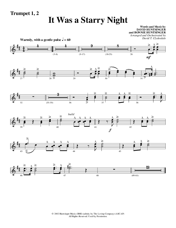 It Was A Starry Night (Choral Anthem SATB) Trumpet 1,2 (Word Music Choral / Arr. David Clydesdale)