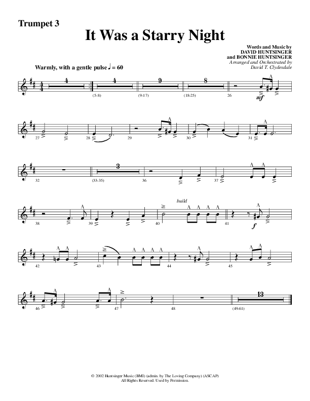 It Was A Starry Night (Choral Anthem SATB) Trumpet 3 (Word Music Choral / Arr. David Clydesdale)