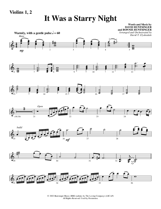 It Was A Starry Night (Choral Anthem SATB) Violin 1/2 (Word Music Choral / Arr. David Clydesdale)