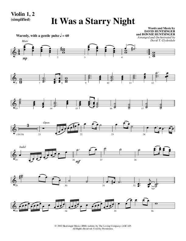 It Was A Starry Night (Choral Anthem SATB) Violin 1/2 (Word Music Choral / Arr. David Clydesdale)