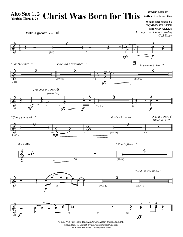 Christ Was Born For This (Choral Anthem SATB) Alto Sax 1/2 (Word Music Choral / Arr. Cliff Duren)
