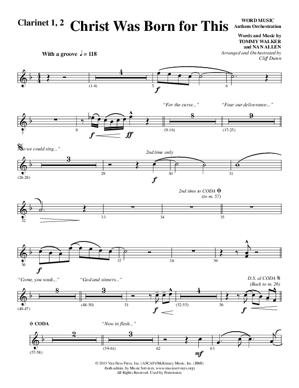 Christ Was Born For This (Choral Anthem SATB) Clarinet 1/2 (Word Music Choral / Arr. Cliff Duren)