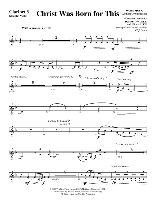 Christ Was Born For This (Choral Anthem SATB) Clarinet 3 (Word Music Choral / Arr. Cliff Duren)