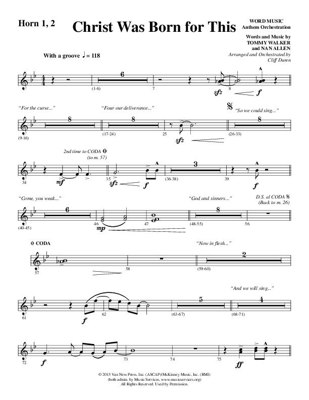 Christ Was Born For This (Choral Anthem SATB) French Horn 1/2 (Word Music Choral / Arr. Cliff Duren)