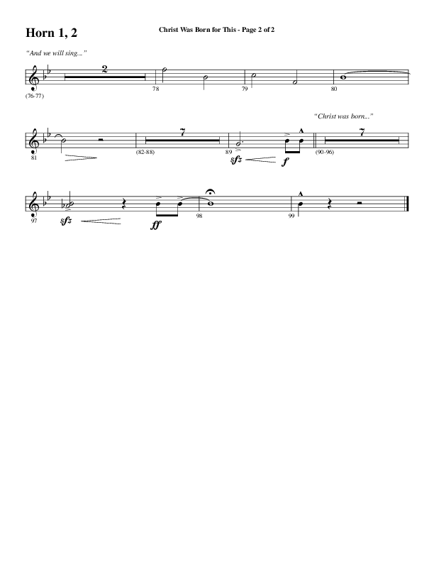 Christ Was Born For This (Choral Anthem SATB) French Horn 1/2 (Word Music Choral / Arr. Cliff Duren)