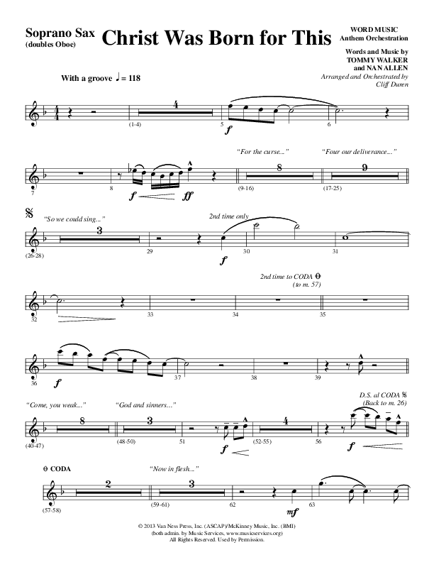 Christ Was Born For This (Choral Anthem SATB) Soprano Sax (Word Music Choral / Arr. Cliff Duren)