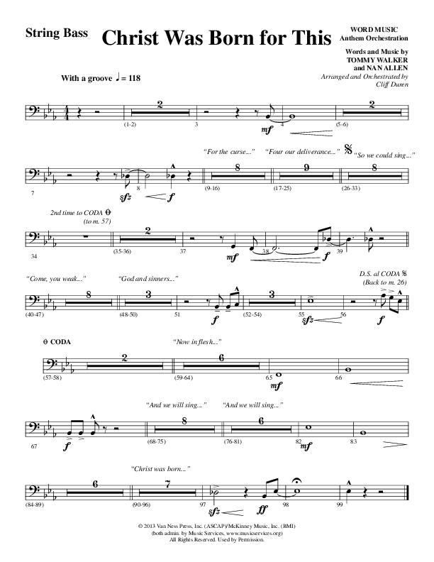 Christ Was Born For This (Choral Anthem SATB) String Bass (Word Music Choral / Arr. Cliff Duren)