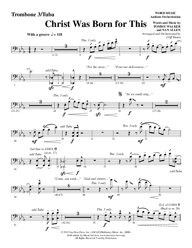 Christ Was Born For This (Choral Anthem SATB) Trombone 3/Tuba (Word Music Choral / Arr. Cliff Duren)