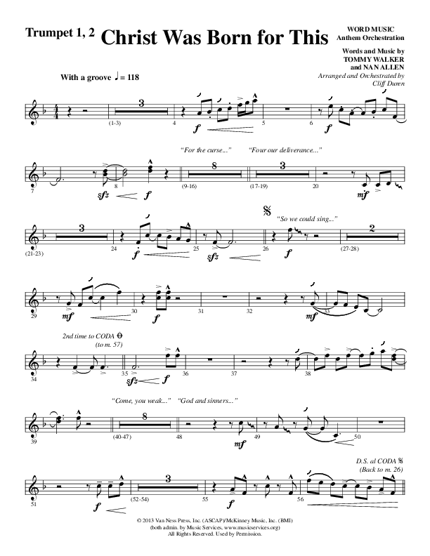 Christ Was Born For This (Choral Anthem SATB) Trumpet 1,2 (Word Music Choral / Arr. Cliff Duren)